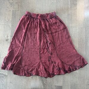 Mandala Boho Midi Skirt Flowy Floral Embroidered Whimsigoth Burgundy Black Wash